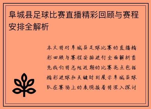 阜城县足球比赛直播精彩回顾与赛程安排全解析